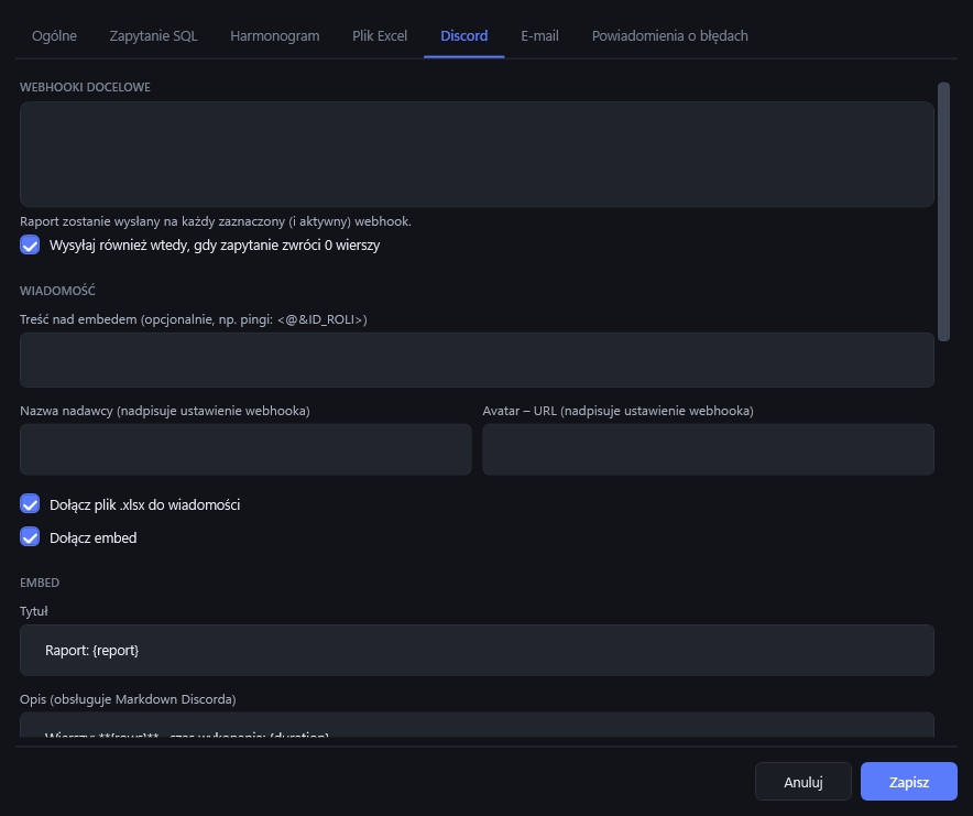 Konfiguracja wiadomości Discord: treść z pingiem, embed, kolor i webhooki docelowe